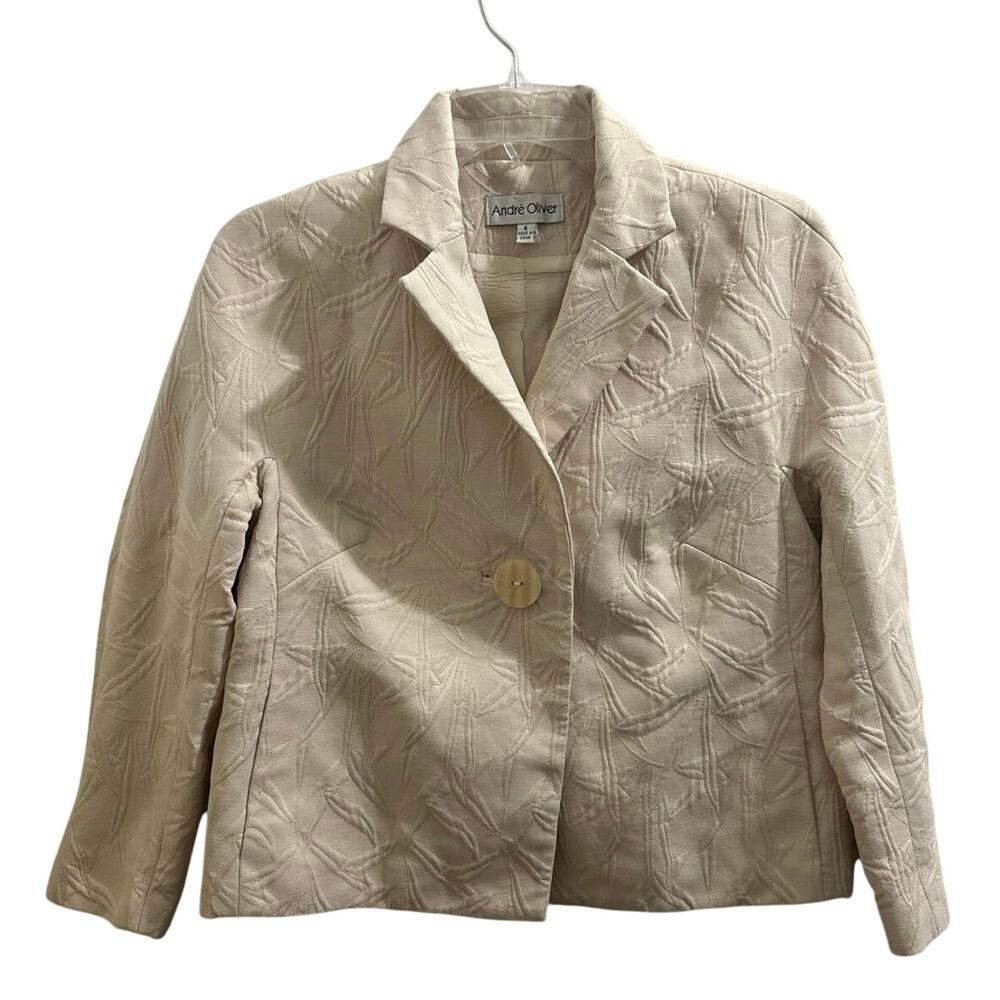 André Oliver Cream Beige Textured Boxy Blazer Jacket Sz 4 EUC Structured !!